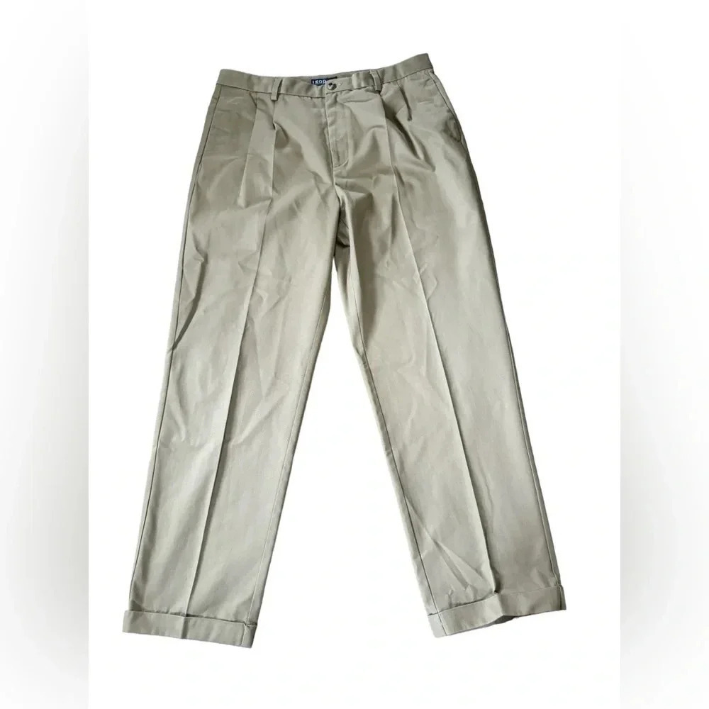 Men Izod Madison Classic Fit Pleated Khaki Pants Size 38x34 100% Cotton